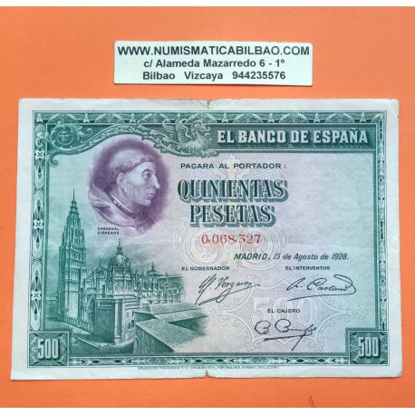 ESPAÑA 500 PESETAS 1928 CARDENAL CISNEROS Sin Serie 0068327 Pick 44 BILLETE MUY CIRCULADO + ROTURAS