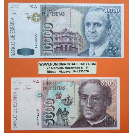 2 billetes x ESPAÑA 5000 PESETAS 1992 CRISTOBAL COLON + 10000 PESETAS 1992 JUAN CARLOS I Pick 166 EBC Spain banknote P2