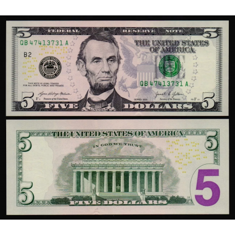 1 billete NUEVO SC x ESTADOS UNIDOS 5 DOLARES 2021 Letra -B- Ciudad NEW YORK ABRAHAM LINCOLN Pick 551.B @DISEÑO A COLORES@ USA