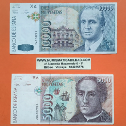 2 billetes x ESPAÑA 5000 PESETAS 1992 CRISTOBAL COLON + 10000 PESETAS 1992 JUAN CARLOS I Pick 166 EBC Spain banknote P2