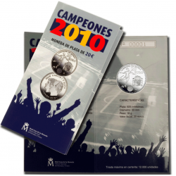 @RARA@ ESPAÑA CARTERA FNMT 20 EUROS 2010 CAMPEONES DEL MUNDO MONEDA DE PLATA SC Spain Set