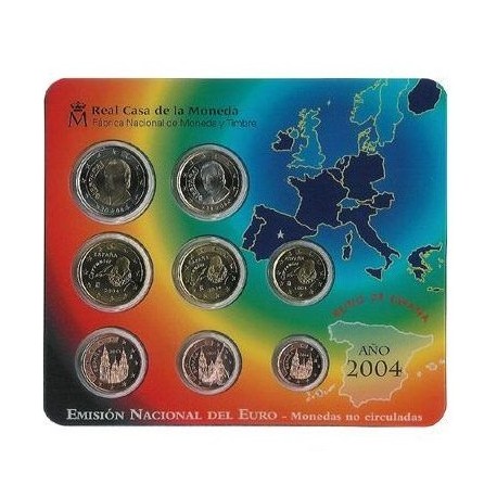 @VER FOTO@ ESPAÑA CARTERA FNMT EURO 2004 BU SET KMS SC 1+2+5+10+20+50 Centimos 1 EURO + 2 EUROS 2004 REY JUAN CARLOS I