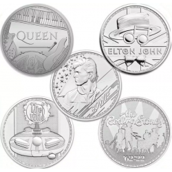 . 5 monedas x INGLATERRA 2 LIBRAS 2020/2021/2022 QUEEN + ELTON JOHN + DAVID BOWIE + THE WHO + ROLLING STONES Oz PLATA 1 ONZA