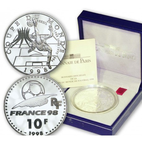 . 1 moneda ESTUCHE x FRANCIA 10 FRANCOS 1998 BRASIL - JUGADOR REMATA DE CHILENA MUNDIAL FUTBOL MONEDA PLATA PROOF France Coffret