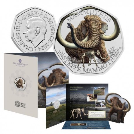 . 1 aaaacoin @ENVIO HOY - COLORES@ INGLATERRA 50 PENIQUES 2024 Dinosaurio MAMUT Era JURASSIC 4ª MONEDA NICKEL MINT SET Mammoth