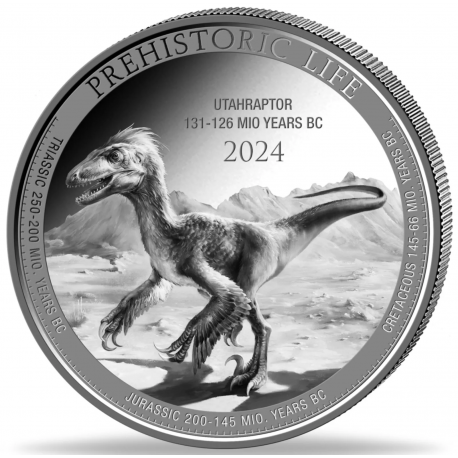 . 1 aaaaacoin @ENVÍO HOY@ CONGO 20 FRANCOS 2024 UTAHRAPTOR DINOSAURIO 3ª MONEDA DE PLATA ONZA OZ 2ª Serie Prehistoric Life