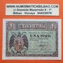 ESPAÑA 1 PESETA 1938 FEBRERO 28 BURGOS AGUILA Color VERDE Serie D 6612509 Pick 107 BILLETE EBC- Spain