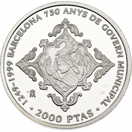 . 1 moneda + CÁPSULA x ESPAÑA 2000 PESETAS 1999 BARCELONA 750 ANYS DE GOVERN MONEDA DE PLATA NO ESTUCHE FNMT 0,80 ONZAS