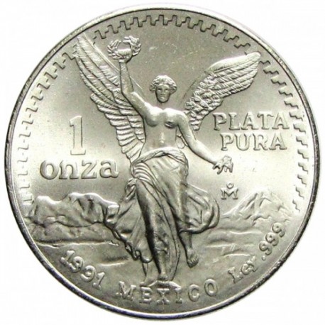 MEXICO 1 ONZA 1991 ANGEL LIBERTAD MONEDA DE PLATA PURA SC Mejico Silver coin OZ OUNCE CAPSULA R/3