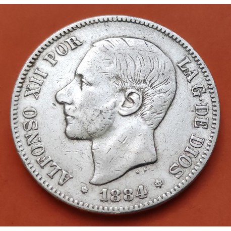 ESPAÑA 5 PESETAS 1884 * 18 84 MSM REY ALFONSO XII KM.688 MONEDA DE PLATA (DURO) Spain silver R/5