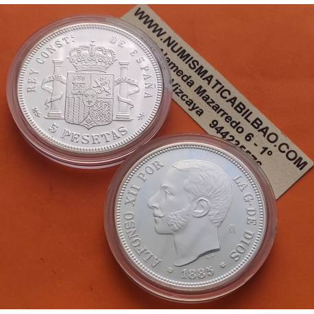 1,30 ONZAS x MEDALLA FNMT HISTORIA DE LA PESETA ESPAÑA 5 PESETAS 1885 * 18/85 MSM ALFONSO XII PLATA 44 gramos 925 milésimas