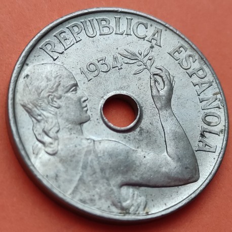 . @PRECIOSA@ ESPAÑA 25 CENTIMOS 1934 DAMA MONEDA DE NICKEL SC SIN CIRCULAR República Española R/5