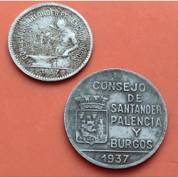 . 2 monedas x SANTANDER PALENCIA y BURGOS 50 CENTIMOS 1937 + 1 PESETA 1937 GUERRA CIVIL NICKEL ESPAÑA Par/4