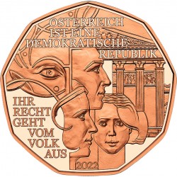 . 1 coin AUSTRIA 5 EUROS 2022 LA DEMOCRACIA 3ª MONEDA DE COBRE SC Osterreich coin DEMOKRATISCHE