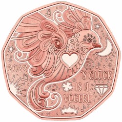 . AUSTRIA 5 EUROS 2022 PAJARO LA FELICIDAD DE AÑO NUEVO COBRE SC Osterreich coin PROSIT FANG DAS GLÜCK