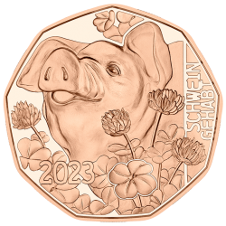 . AUSTRIA 5 EUROS 2023 CERDITO - LA FELICIDAD DE AÑO NUEVO MONEDA DE COBRE SC Osterreich coin