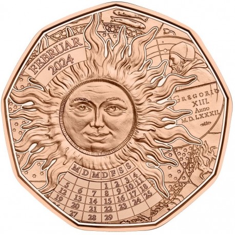 . 1 acoin x AUSTRIA 5 EUROS 2024 SOL CALENDARIO Serie LA MONEDA DEL AÑO NUEVO COBRE SC Osterreich