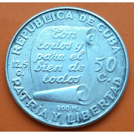 CUBA 50 CENTAVOS 1953 JOSE MARTI PATRIA y LIBERTAD KM.28 MONEDA DE PLATA MBC @LIMPIADA y RAYITAS@ Caribe R/4