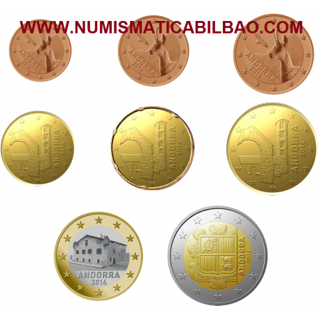 . 1º AÑO DE EMISIÓN x ANDORRA MONEDAS EURO 2014 SC 1+2+5+10+20+50 CENTIMOS 1 EURO + 2 EUROS 2014 PROCEDEN DE CARTERA