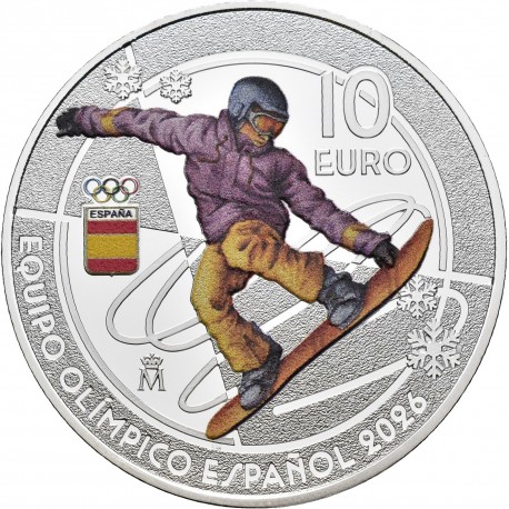 . 1 aaaaacoin @28/ENERO Envío@ ESPAÑA 10 EUROS 2025 SNOWBOARD EQUIPO OLÍMPICO ESPAÑOL 2026 MONEDA DE PLATA ESTUCHE FNMT COLORES