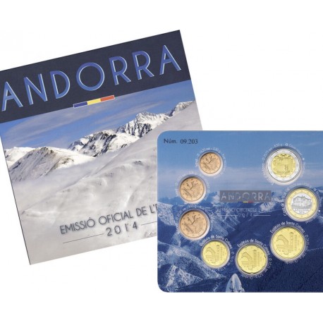 . 1ª AÑO DE EMISION x ANDORRA CARTERA OFICIAL EUROS 2014 SC 1+2+5+10+20+50 Centimos + 1 EURO + 2 EUROS 2014 BU EUROSET 8 monedas