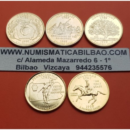 5 monedas x ESTADOS UNIDOS 25 CENTAVOS 1999 Letra D @DORADOS@ ESTADOS STATEHOOD QUARTERS NICKEL SC USA 1/4 DOLAR