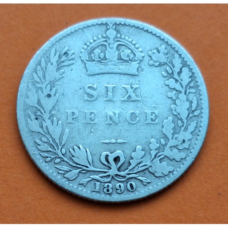 INGLATERRA 6 PENIQUES 1890 QUEEN VICTORIA Reina KM.760 MONEDA DE PLATA MUY CIRCULADA UK 6 Pence