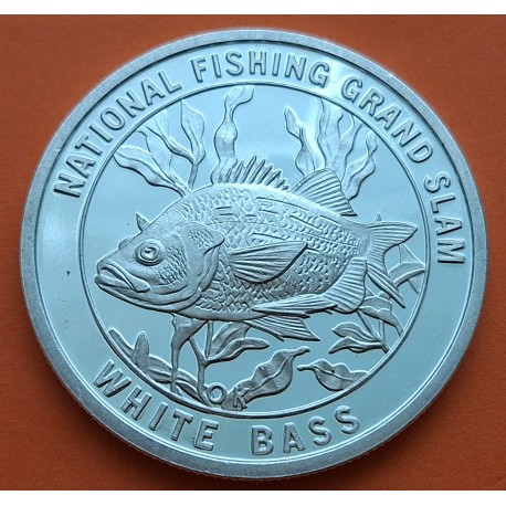 . 1 ONZA + Imperfecciones x ESTADOS UNIDOS NORTH AMERICAN FISHING CLUB Pez WHITE BASS MEDALLA DE PLATA PURA 999 FINE SILVER