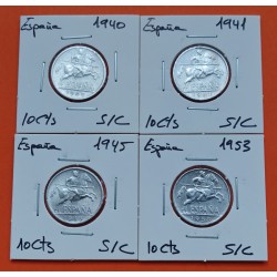 . 4 monedas x ESPAÑA 10 CENTIMOS 1940 + 1941 + 1945 + 1953 JINETE KM.765 ALUMINIO ESTADO ESPAÑOL FRANCO