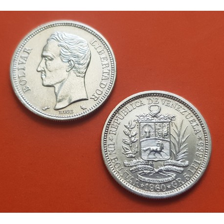 . 1 moneda SC- x VENEZUELA 1 BOLIVAR 1960 SIMON BOLIVAR y ESCUDO NACIONAL KM.37.A silver coin