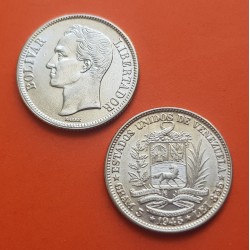 . 1 moneda SC- x VENEZUELA 1 BOLIVAR 1945 SIMON BOLIVAR y ESCUDO NACIONAL KM.22.A silver coin WWII