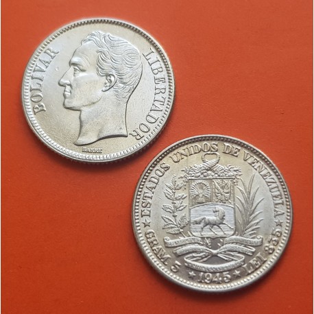 . 1 moneda SC- x VENEZUELA 1 BOLIVAR 1945 SIMON BOLIVAR y ESCUDO NACIONAL KM.22.A silver coin WWII