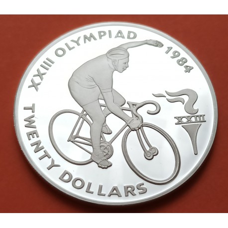 @ESCASA@ BELIZE 20 DOLARES 1984 CICLISMO OLIMPIADA LOS ANGELES KM.79 MONEDA DE PLATA PROOF