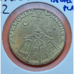 DINAMARCA 20 KRONER 1991 REINA MARGARITA II ANIVERSARIO y ESCUDO KM.875 MONEDA DE LATON MBC- Denmark 20 Coronas