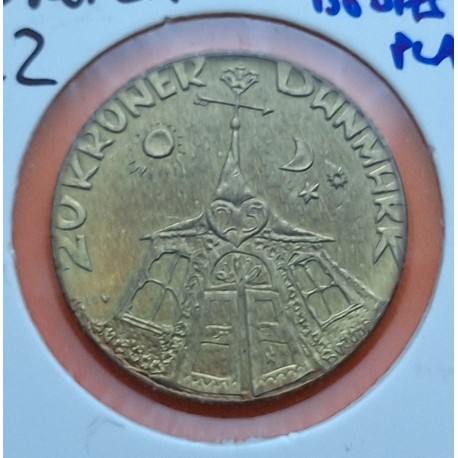 DINAMARCA 20 KRONER 1991 REINA MARGARITA II ANIVERSARIO y ESCUDO KM.875 MONEDA DE LATON MBC- Denmark 20 Coronas