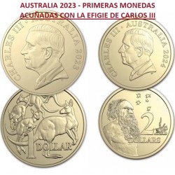 . 1 aaacoin @PRIMERAS MONEDAS de CARLOS III@ AUSTRALIA 1 DOLAR 2023 CANGURO + 2 DOLARES 2023 ABORIGENES SC Latón