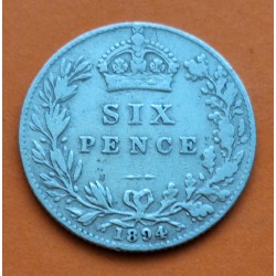 @ESCASA@ INGLATERRA 6 PENIQUES 1894 Reina VICTORIA Queen KM.760 MONEDA DE PLATA UK Silver 6 Pence