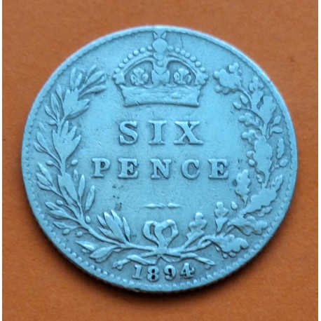 @ESCASA@ INGLATERRA 6 PENIQUES 1894 Reina VICTORIA Queen KM.760 MONEDA DE PLATA UK Silver 6 Pence