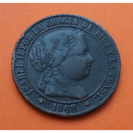 ESPAÑA REINA ISABEL II 2,50 CENTIMOS DE ESCUDO 1868 OM Ceca de JUBIA KM.634.2 MONEDA DE COBRE MBC- Spain 2 1/2 Centimos R/3