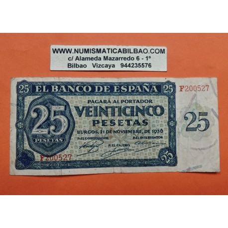 ESPAÑA 25 PESETAS 1936 BURGOS - SOLDADO NACIONAL CON CASCO Serie F 200527 Pick 99A BILLETE MUY CIRCULADO Spain banknote