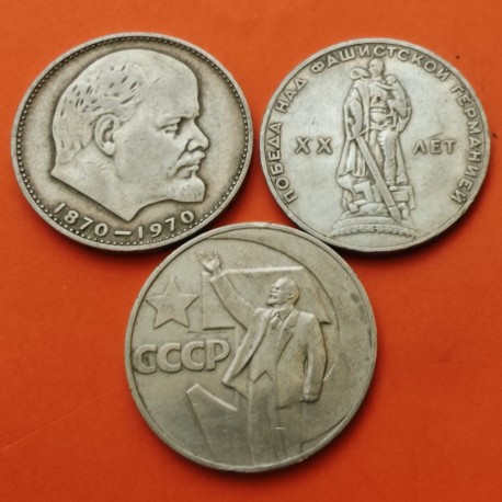 @VLADIMIR LENIN@ 3 monedas x RUSIA 1 RUBLO 1965 + 1967 + 1970 CCCP UNIÓN SOVIÉTICA COMUNISTA KM.135+140+141 NICKEL