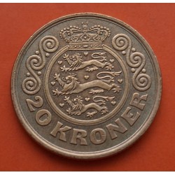 DINAMARCA 20 KRONER 1990 REINA MARGARITA II y ESCUDO KM.871 MONEDA DE LATON EBC- Denmark 20 Coronas