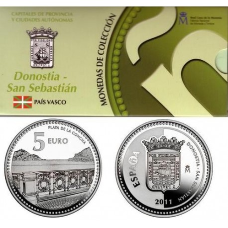 ESPAÑA 5 EUROS 2011 Ciudad de DONOSTIA SAN SEBASTIAN - PLAYA DE LA CONCHA MONEDA DE PLATA SI ESTUCHE FNMT