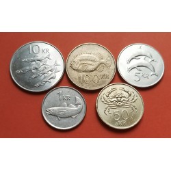 5 monedas x ISLANDIA 1+ 5 +10 + 50 + 100 KRONUR 1995 a 2008 PECES - DELFINES - CANGREJO MBC/EBC Iceland