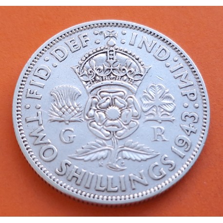 INGLATERRA 2 SHILLINGS 1943 JORGE VI y FLORES KM.855 MONEDA DE PLATA MBC+ Great Britain United Kingdom WWII