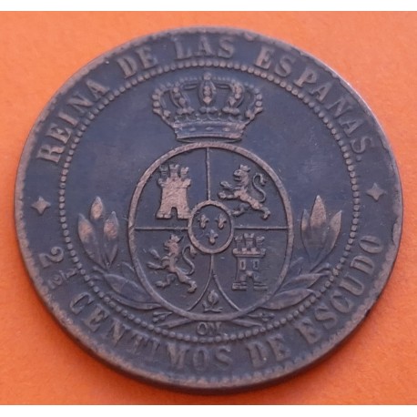 ESPAÑA REINA ISABEL II 2,50 CENTIMOS DE ESCUDO 1868 OM Ceca de JUBIA KM.634.2 MONEDA DE COBRE MBC- Spain 2 1/2 Centimos R/1