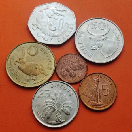 . 6 monedas x GAMBIA 1 + 5 + 10 + 25 + 50 BUTUTS y 1 DALASI 1998 ANIMALES y FLORA NICKEL - LATÓN - COBRE EBC/SC Africa