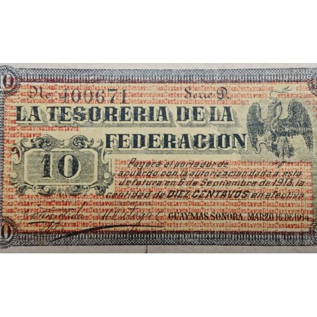 . @ESCASO ASÍ@ ESTADO de SONORA - MEXICO 10 CENTAVOS 1914 ESTADO LIBRE y SOBERANO Pick S1058 BILLETE MBC+