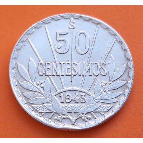 URUGUAY 50 CENTESIMOS 1943 Santiago ARTIGAS y VALOR KM.31 MONEDA DE PLATA MBC+ WWII