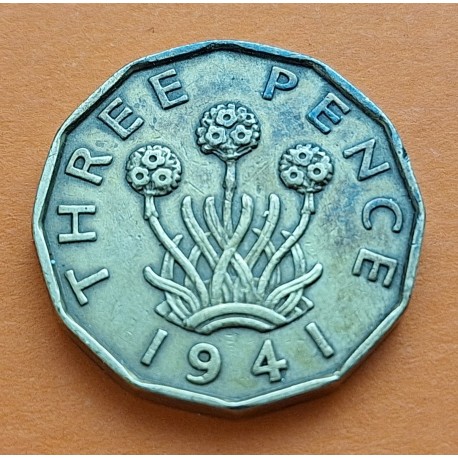 INGLATERRA 3 PENIQUES 1941 JORGE VI KM.849 MONEDA DE LATON MBC UK pence EPOCA NAZI 2ª GUERRA MUNDIAL WWII